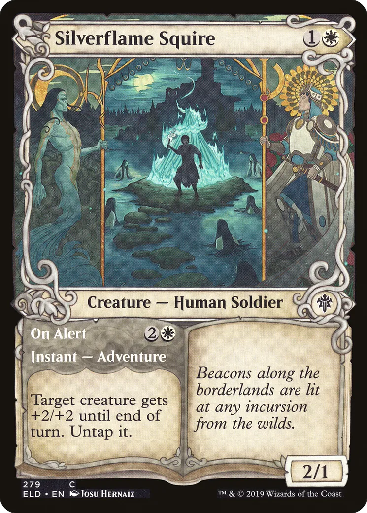 Écuyer de la Flamme d'argent // Aux aguets — Throne of Eldraine — Magic: The Gathering