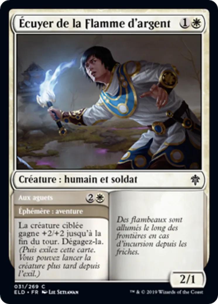 Écuyer de la Flamme d'argent // Aux aguets — Throne of Eldraine — Magic: The Gathering