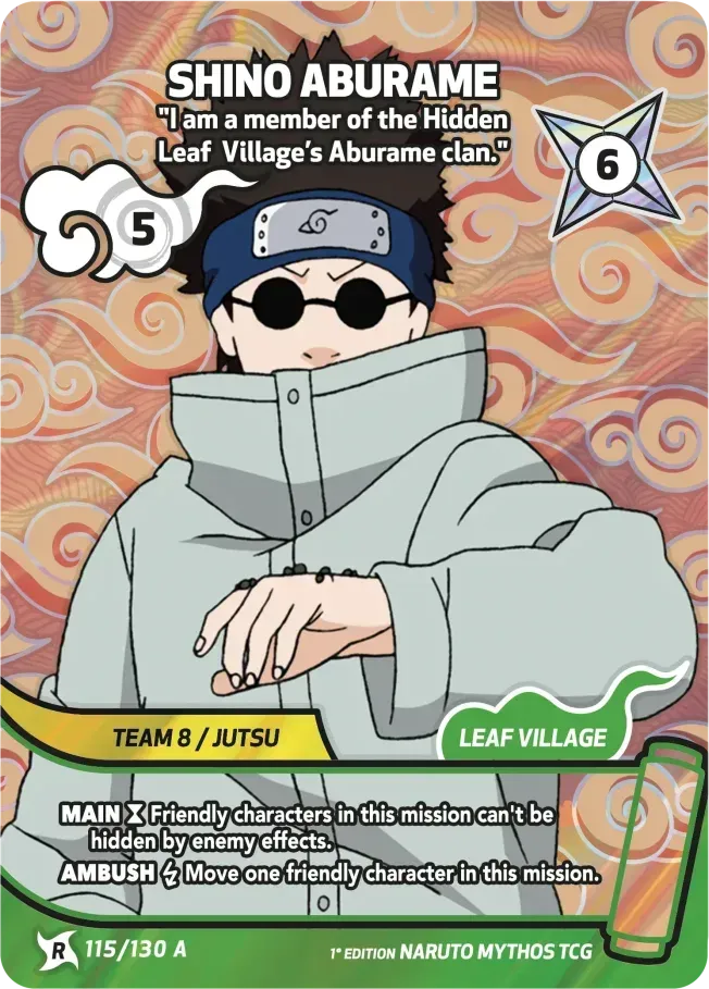 Shino Aburame - I am a member of the Hidden Leaf Village’s Aburame clan. — Konoha Shidō — Naruto Mythos TCG